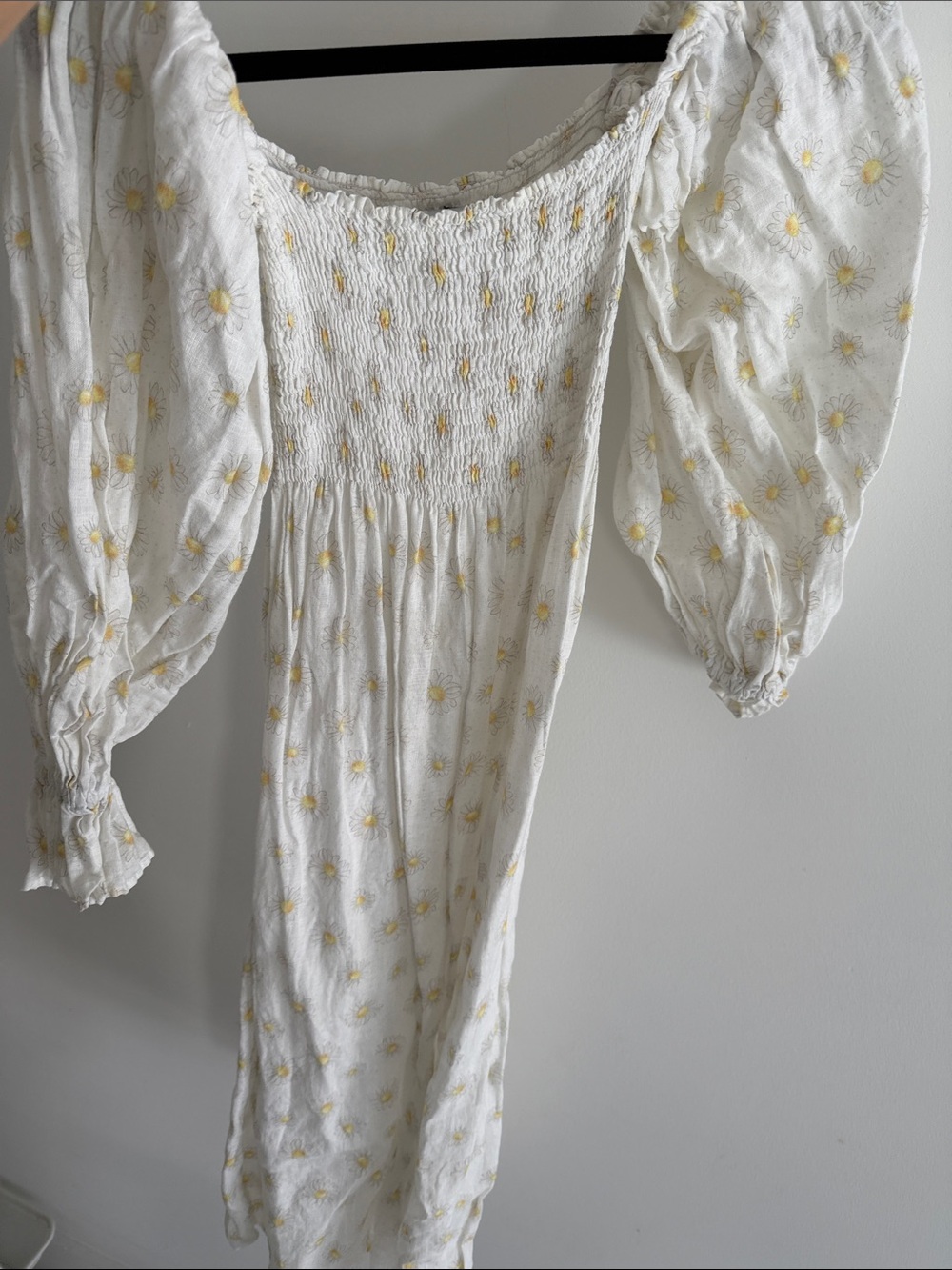 SLEEPER White Daisy Print Smocked Puff Sleeve Midi Dress